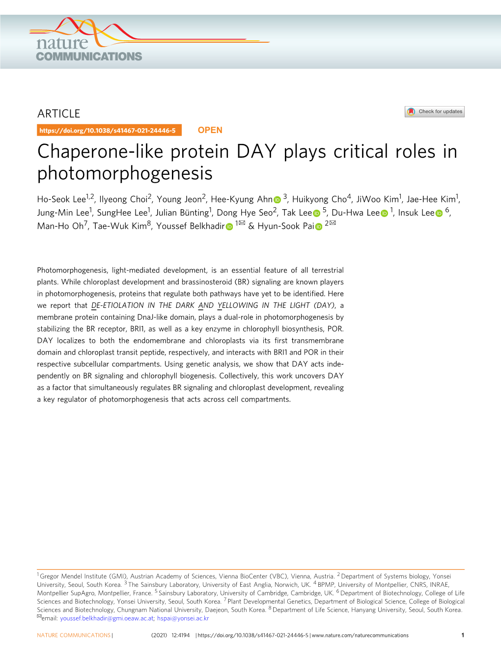 Chaperone-Like Protein DAY Plays Critical Roles in Photomorphogenesis