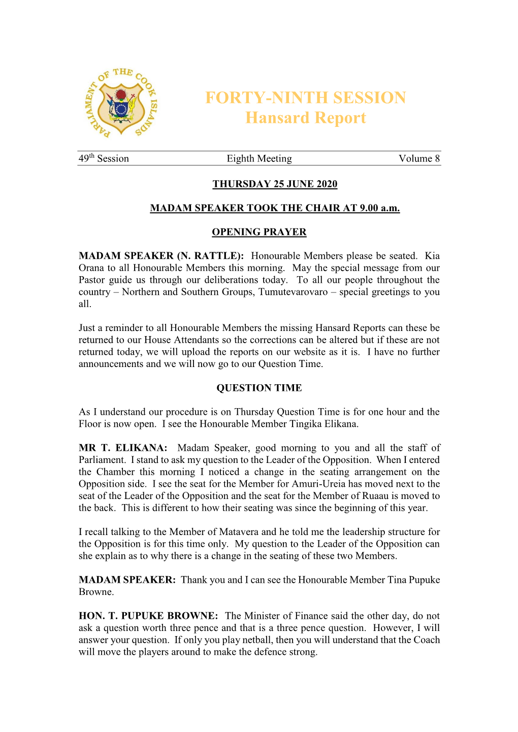 FORTY-NINTH SESSION Hansard Report