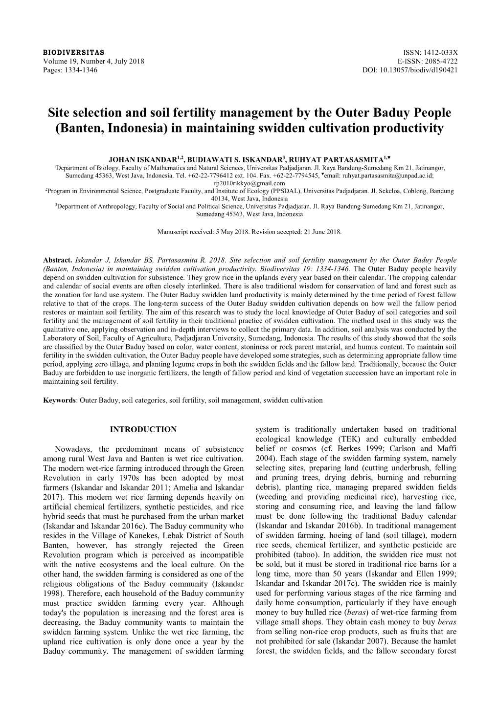 Site Selection and Soil Fertility Management by the Outer Baduy People (Banten, Indonesia) in Maintaining Swidden Cultivation Productivity