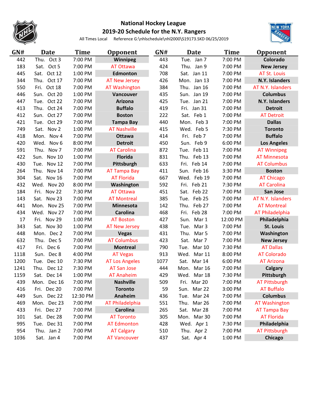 National Hockey League 2019-20 Schedule for the N.Y