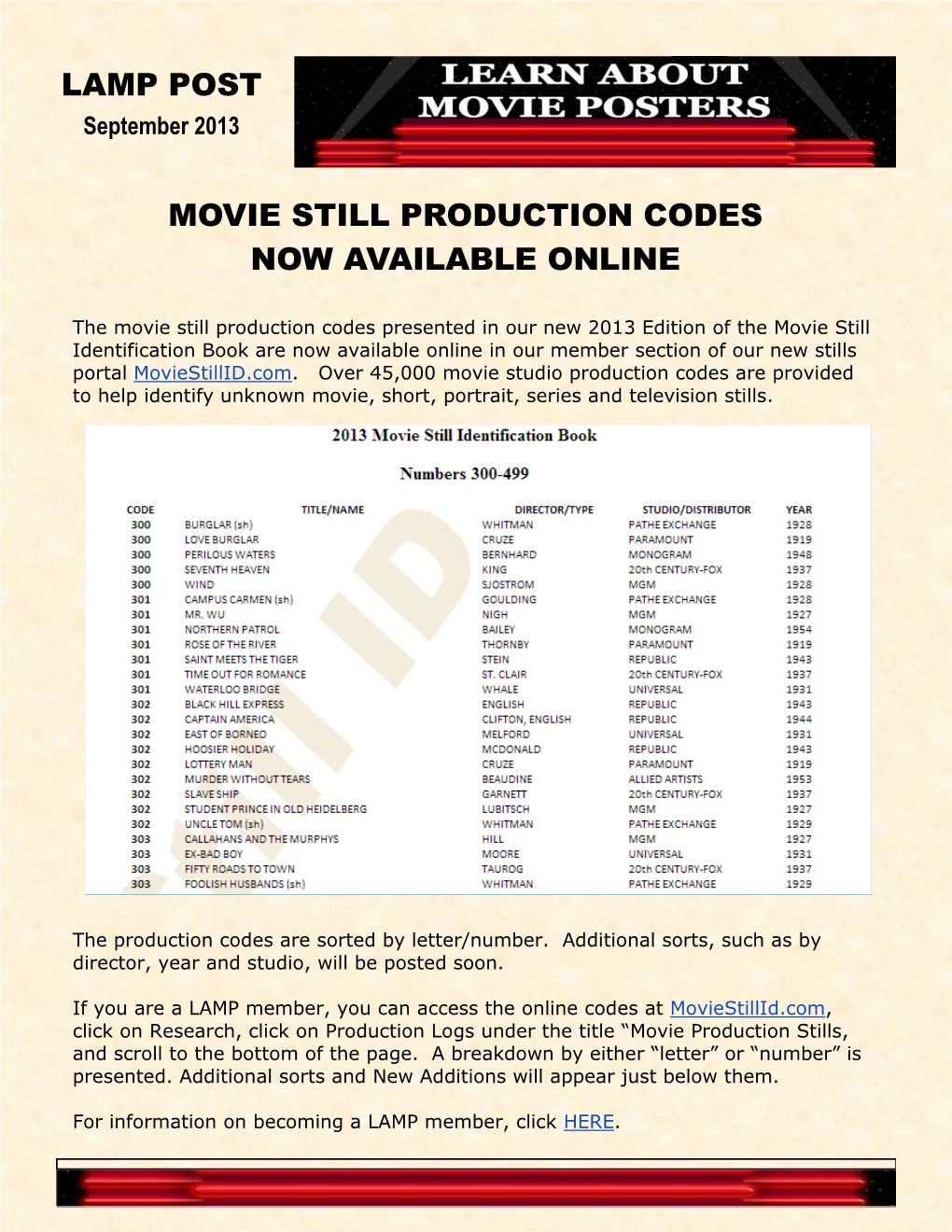 Lamp Post Movie Still Production Codes Now Available Online