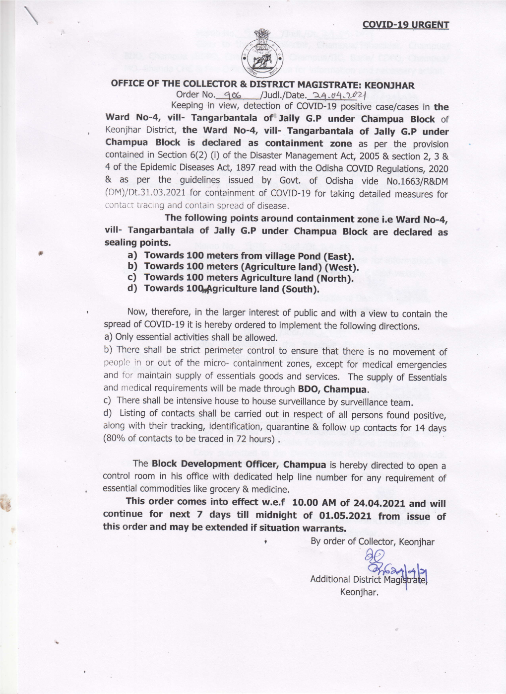 Champua Biock Is Declared As Containment Zone As Per the Provision