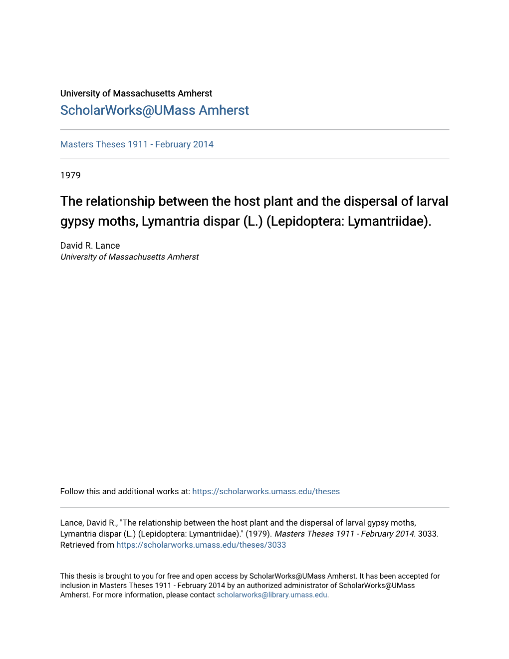 The Relationship Between the Host Plant and the Dispersal of Larval Gypsy Moths, Lymantria Dispar (L.) (Lepidoptera: Lymantriidae)