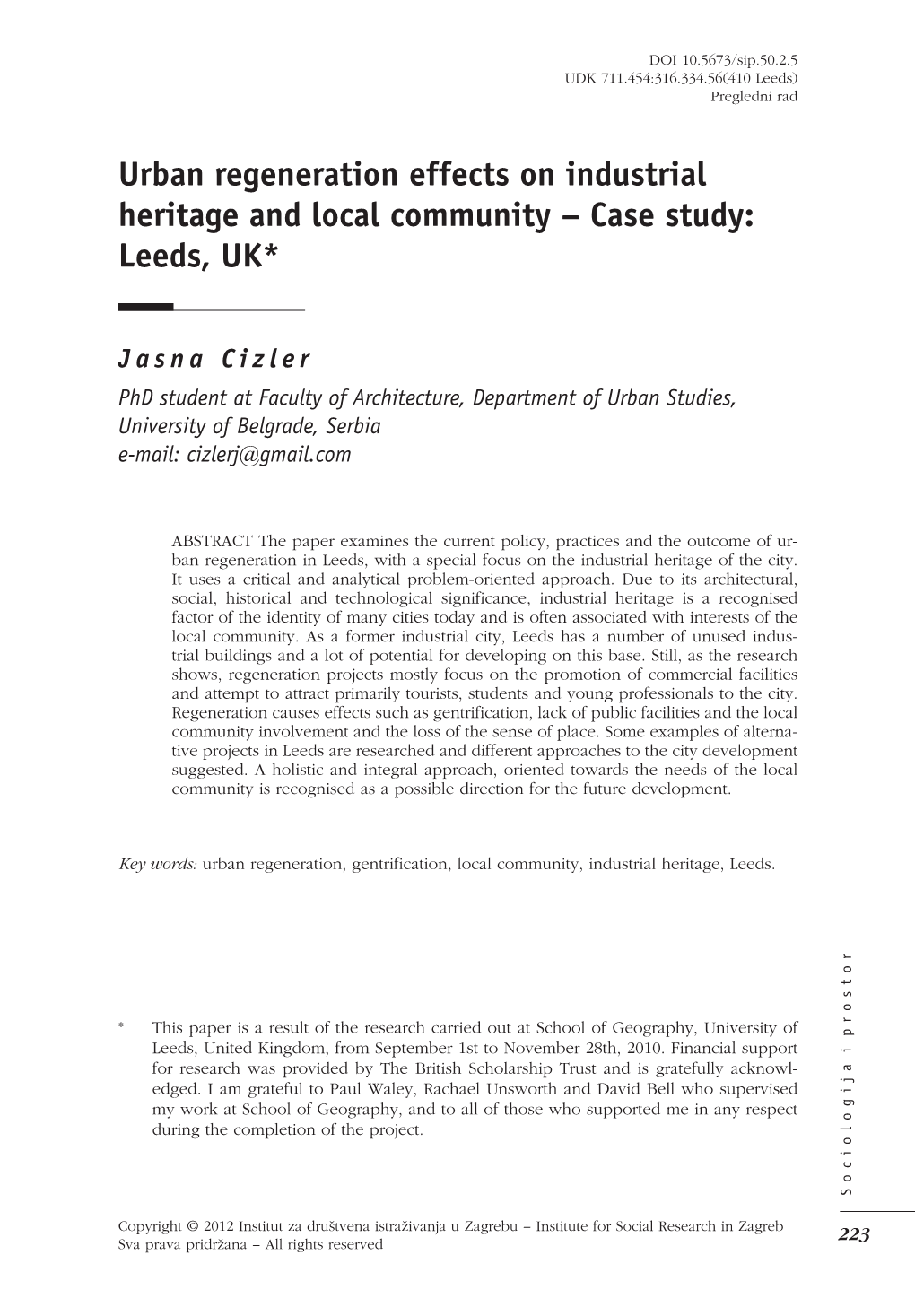 Urban Regeneration Effects on Industrial Heritage and Local Community – Case Study: Leeds, UK*