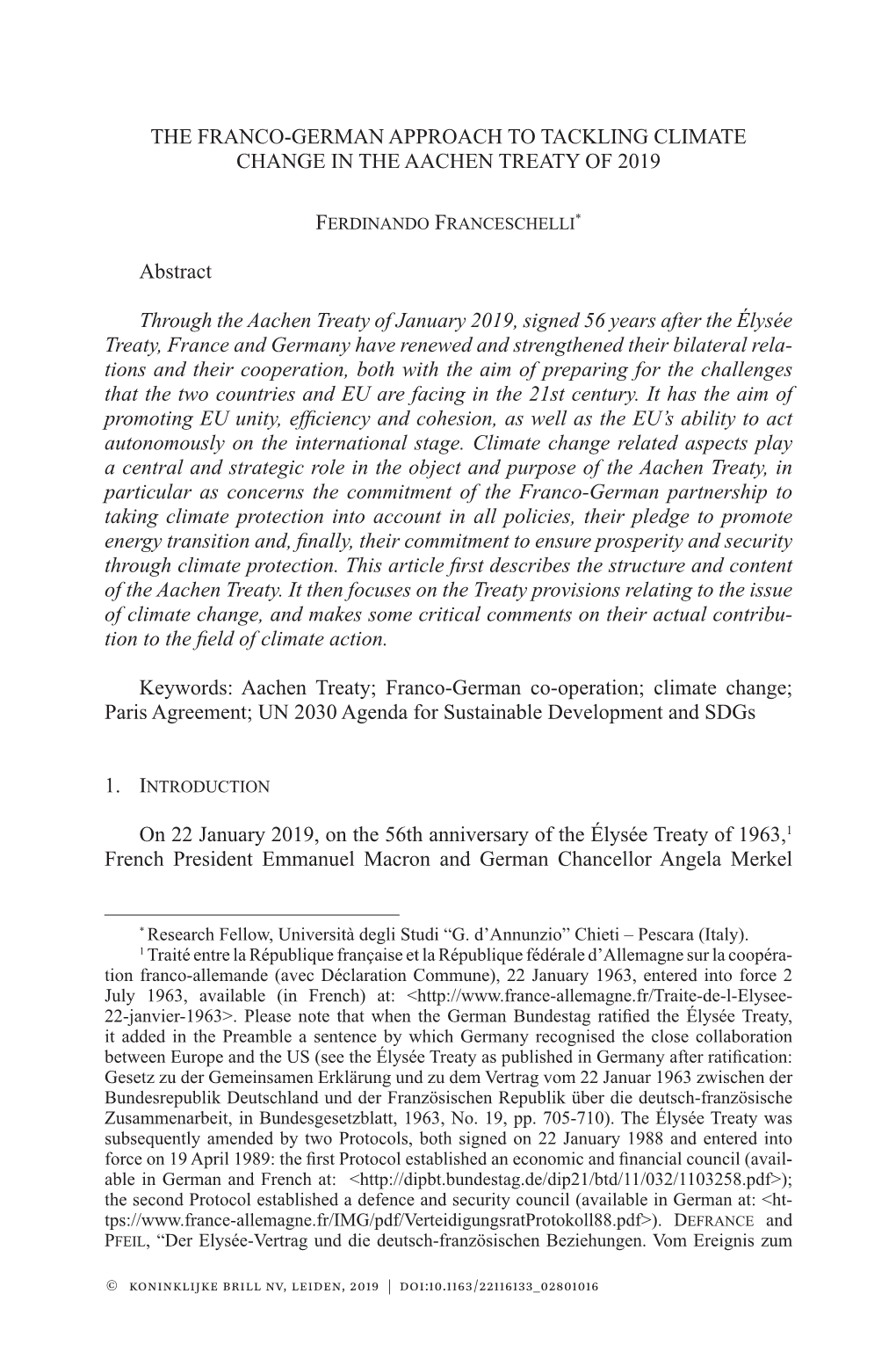 THE FRANCO-GERMAN APPROACH to TACKLING CLIMATE CHANGE in the AACHEN TREATY of 2019 Abstract Through the Aachen Treaty of January