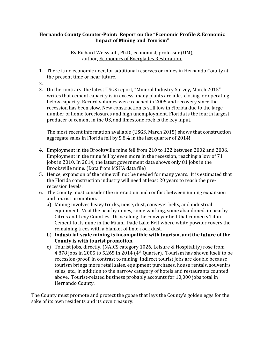 Hernando County Counter-Point: Report on the Economic Profile & Economic Impact of Mining