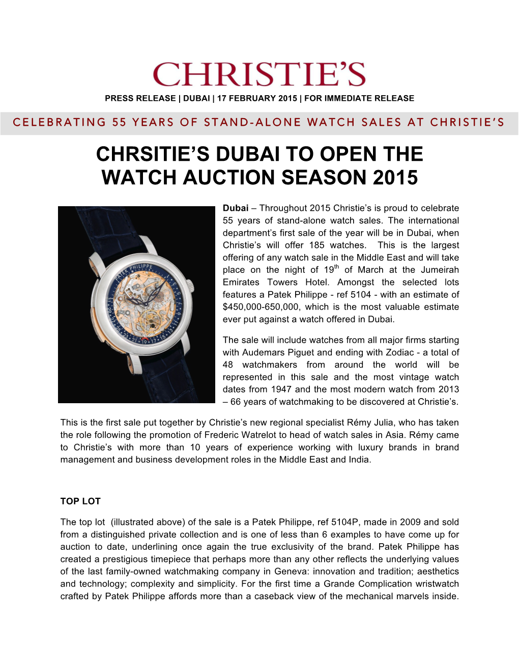 Chrsitie's Dubai to Open the Watch Auction Season 2015