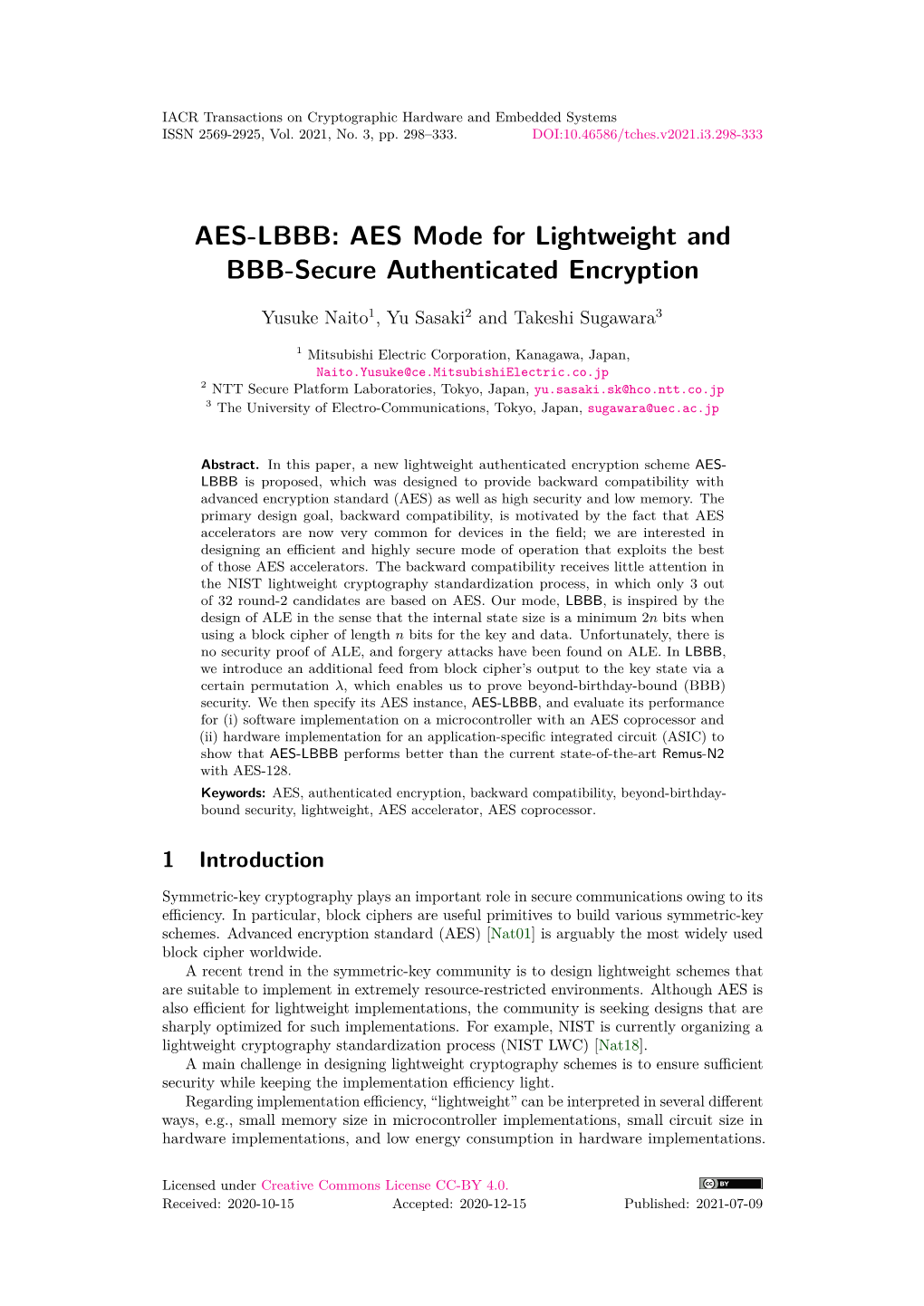 AES Mode for Lightweight and BBB-Secure Authenticated Encryption