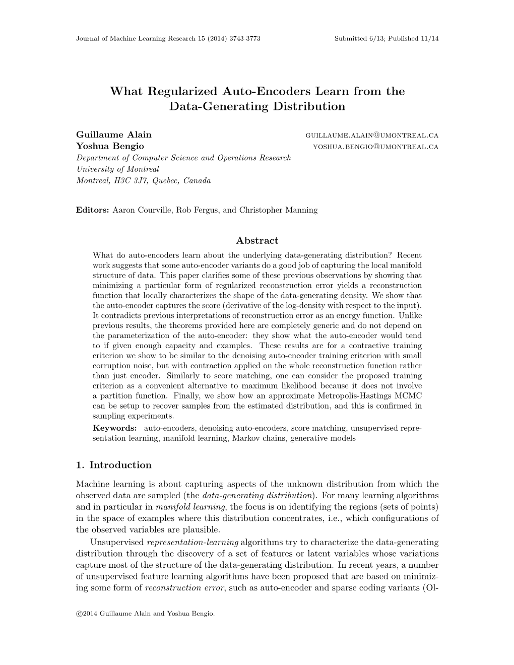 What Regularized Auto-Encoders Learn from the Data-Generating Distribution