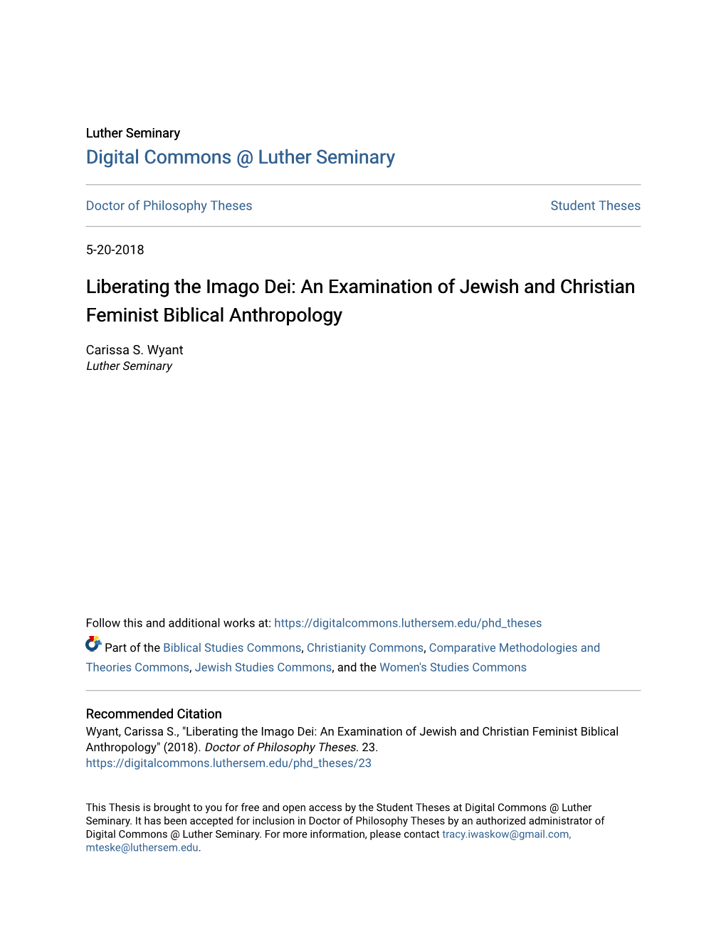 Liberating the Imago Dei: an Examination of Jewish and Christian Feminist Biblical Anthropology