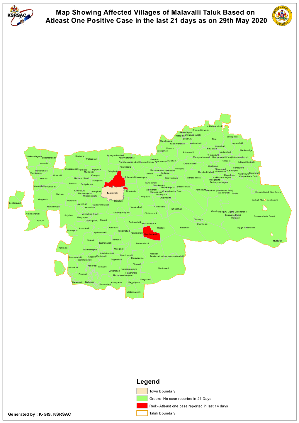 Map Showing Affected Villages of Malavalli Taluk Based on Atleast One Positive Case in the Last 21 Days As on 29Th May 2020