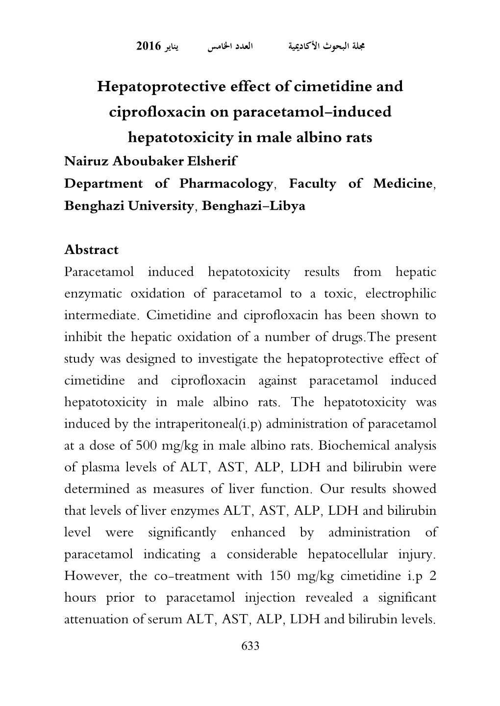 Hepatoprotective Effect of Cimetidine and Ciprofloxacin on Paracetamol