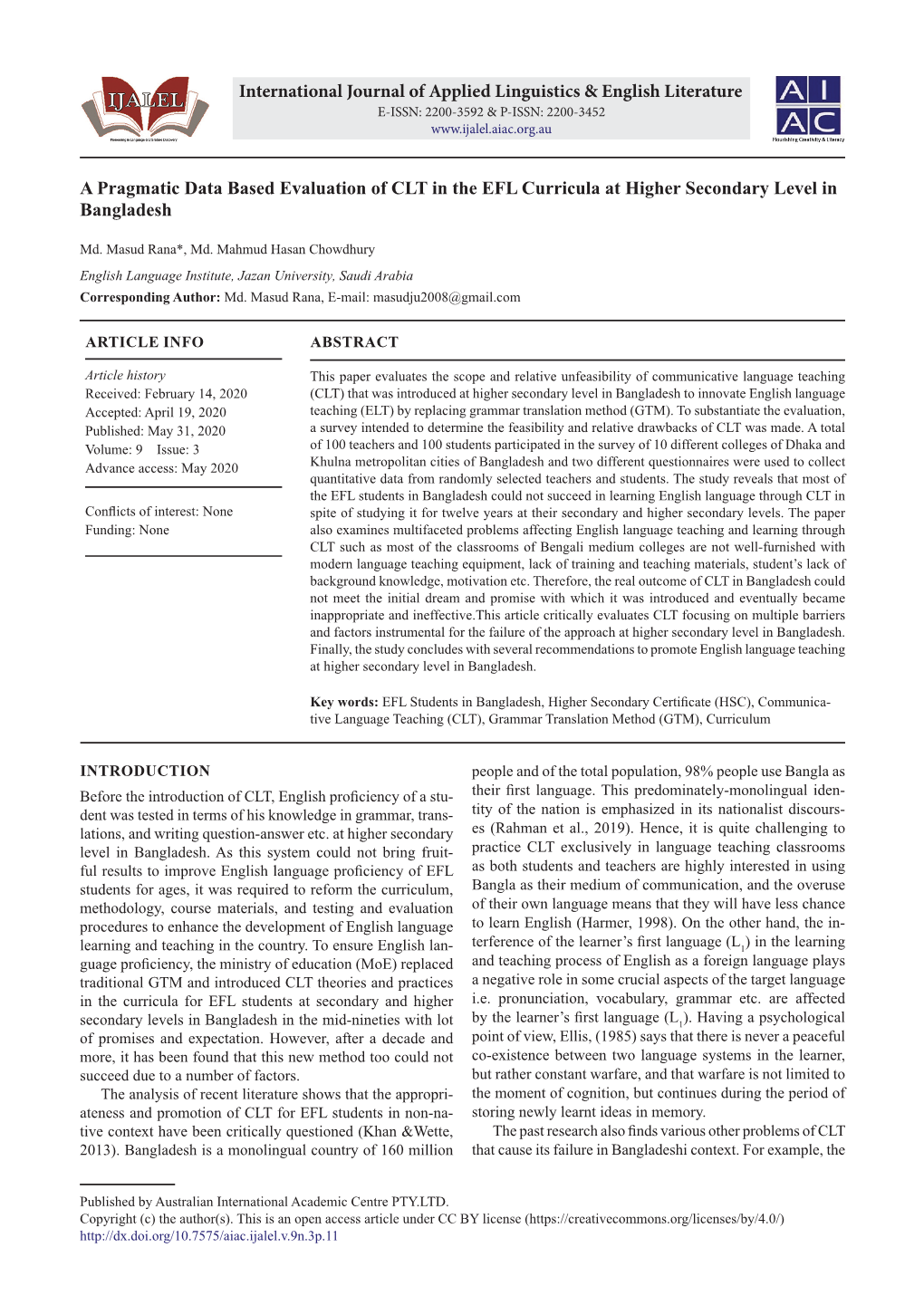 A Pragmatic Data Based Evaluation of CLT in the EFL Curricula at Higher Secondary Level in Bangladesh