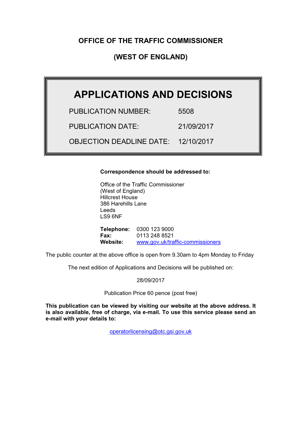 Applications and Decisions 5508: Office of the Traffic Commissioner