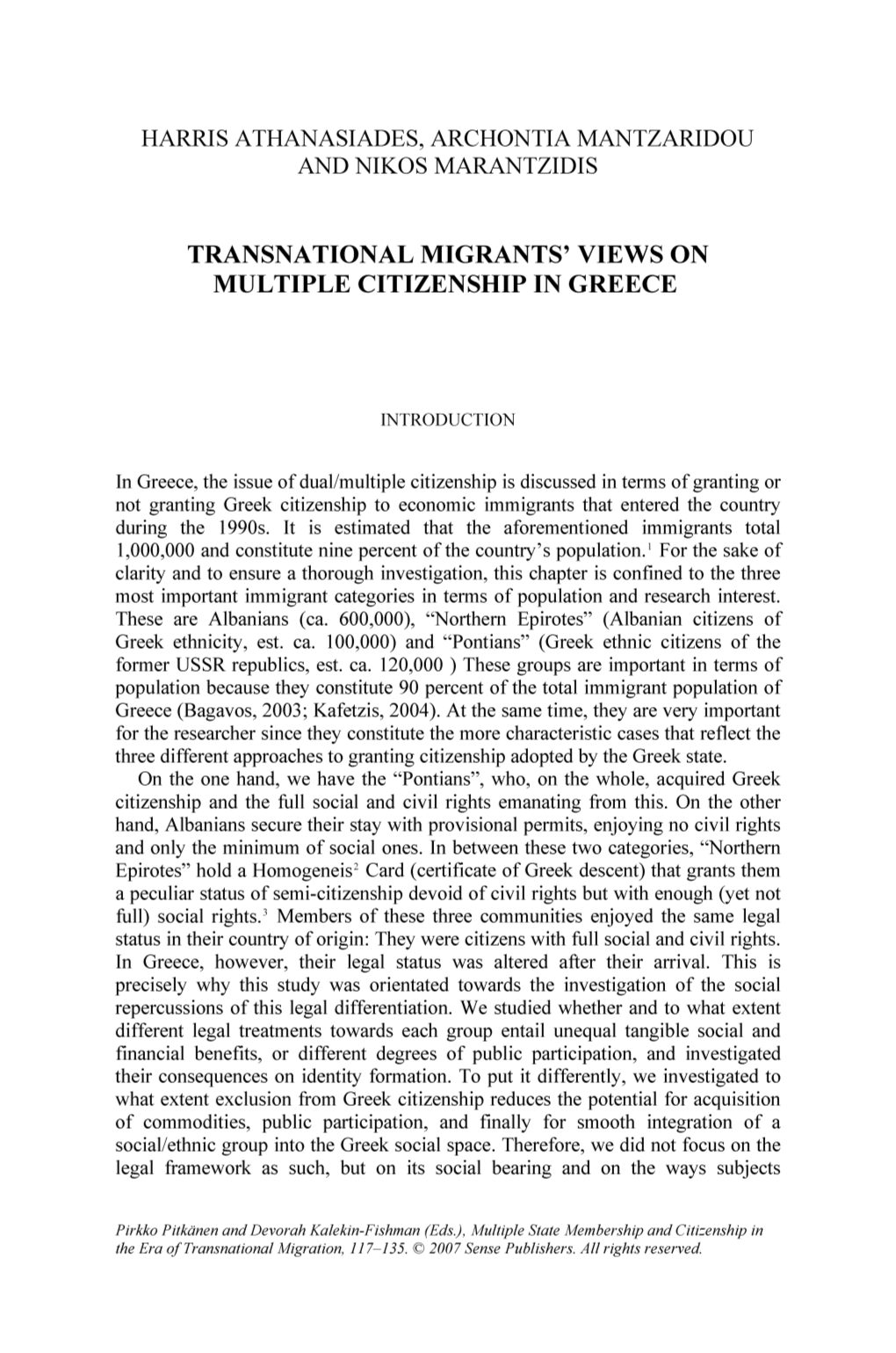 Transnational Migrants' Views on Multiple Citizenship in Greece