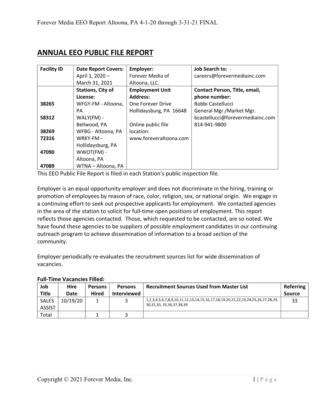 EEO Report Altoona, PA 4-1-20 Through 3-31-21 FINAL