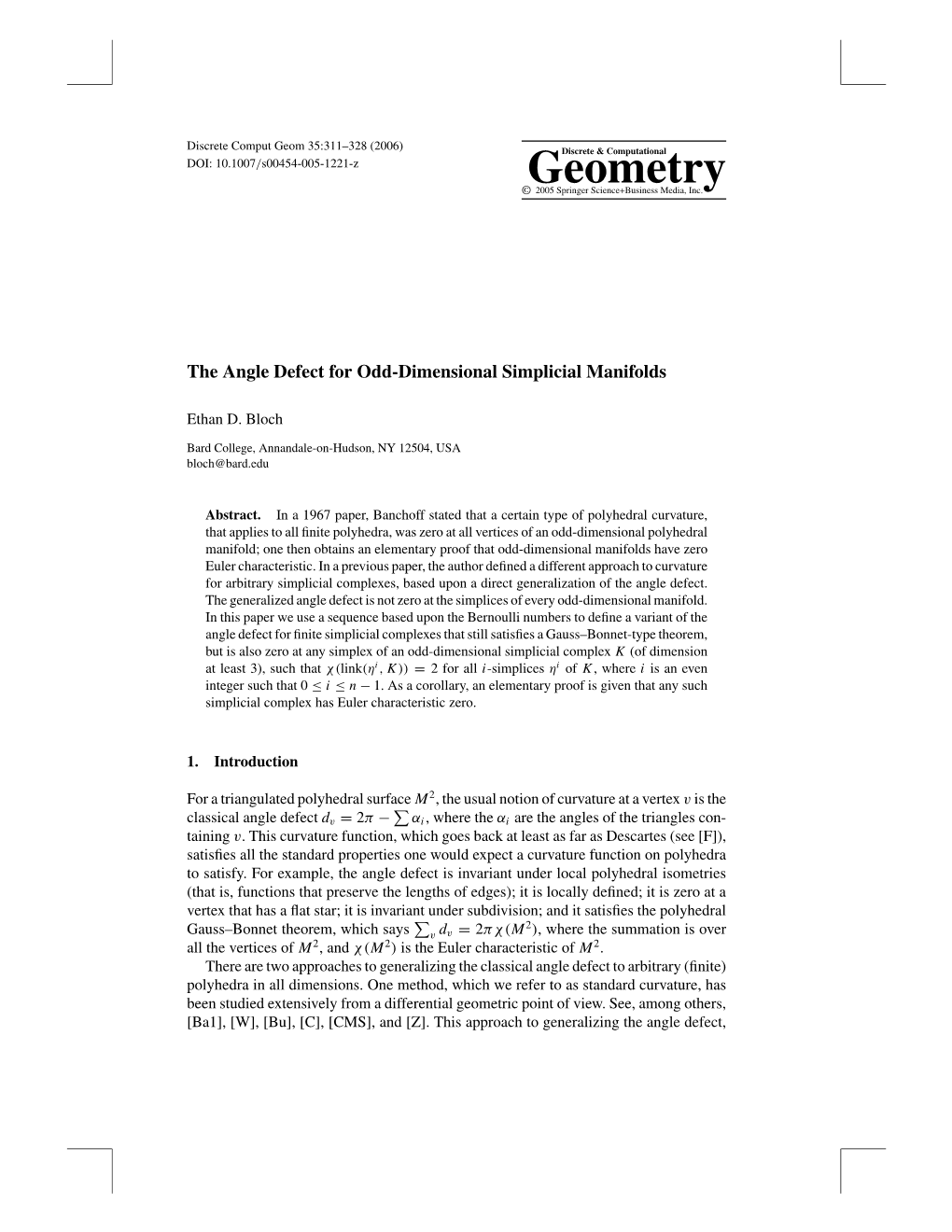 The Angle Defect for Odd-Dimensional Simplicial Manifolds