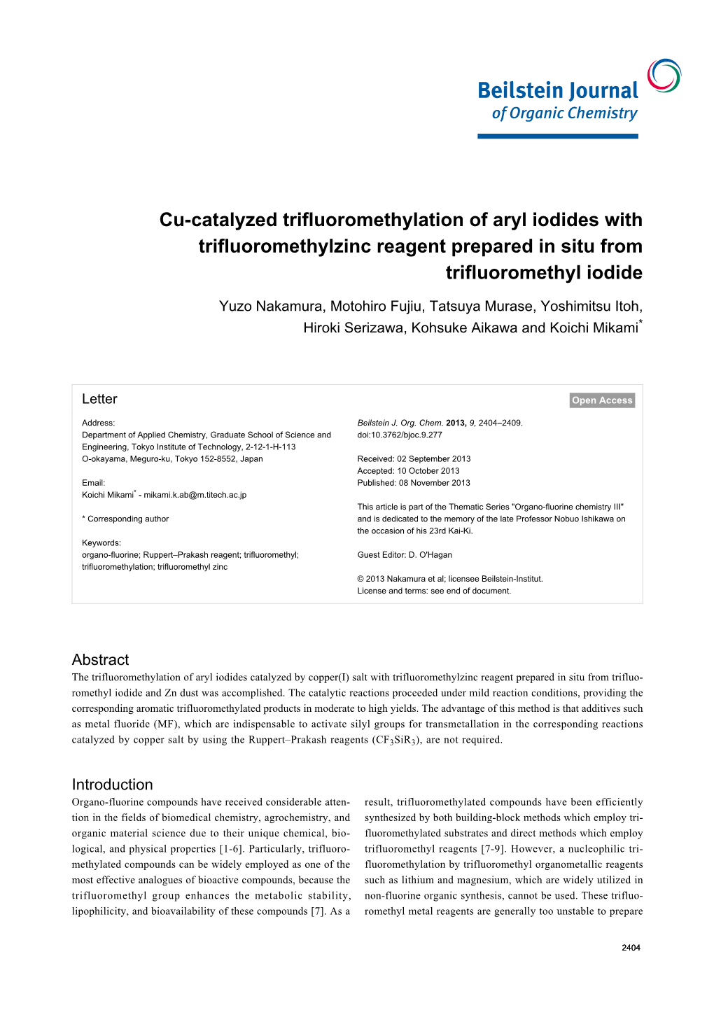 Cu-Catalyzed Trifluoromethylation of Aryl Iodides with Trifluoromethylzinc Reagent Prepared in Situ from Trifluoromethyl Iodide