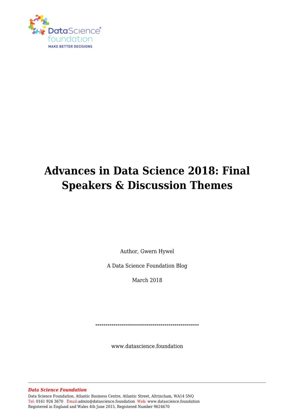 Advances in Data Science 2018: Final Speakers & Discussion Themes