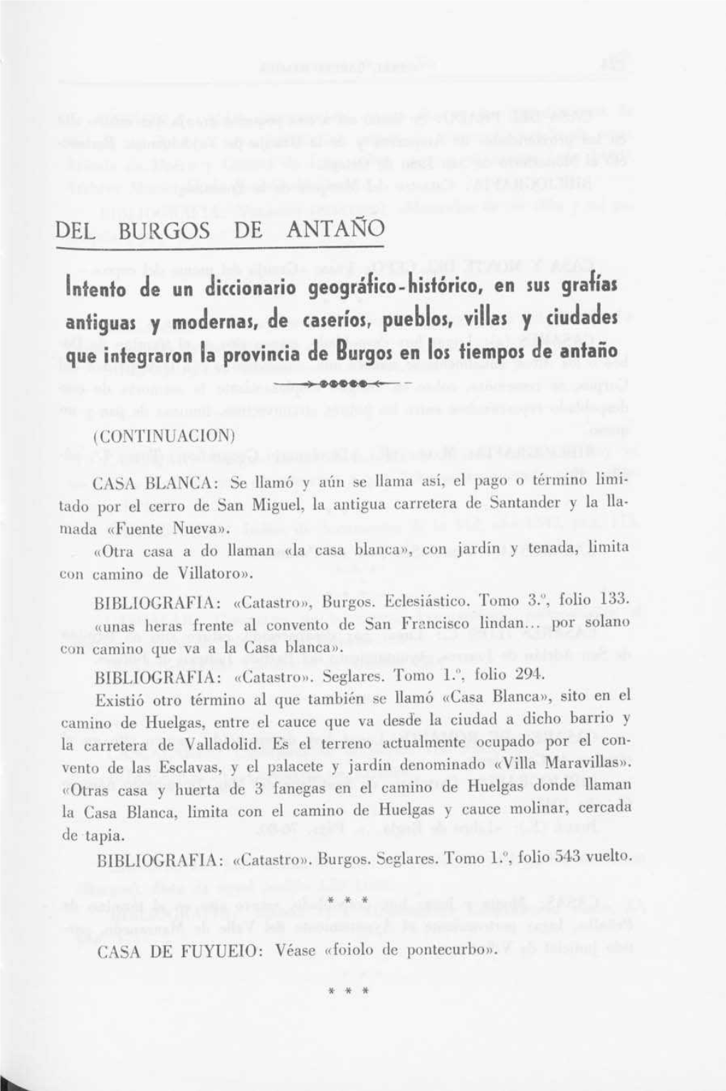 DEL BUKGOS DE ANTAÑO Intento De Un Diccionario Geográfico-Histórico