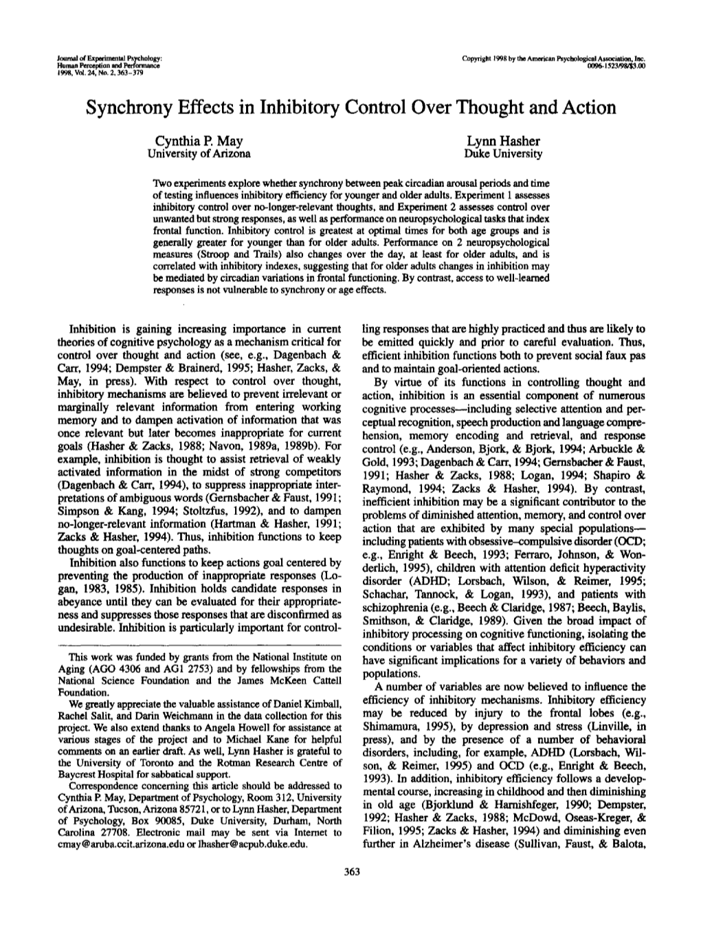 Synchrony Effects in Inhibitory Control Over Thought and Action