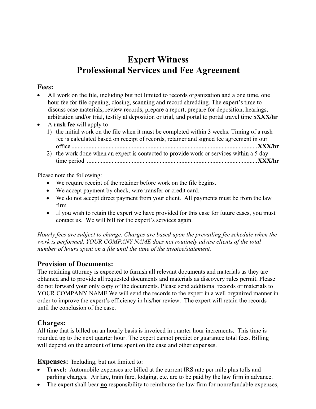 Expert Witness Professional Services and Fee Agreement