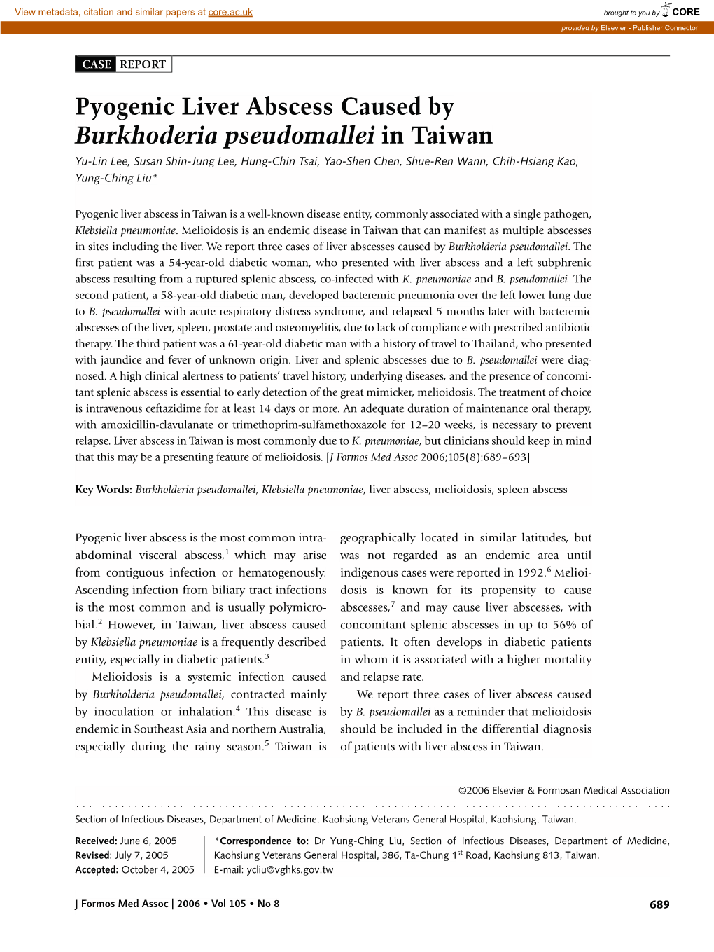 Pyogenic Liver Abscess Caused by Burkhoderia Pseudomallei in Taiwan