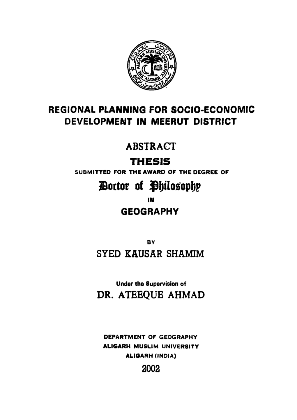 Regional Planning for Socio-Economic Development in Meerut District