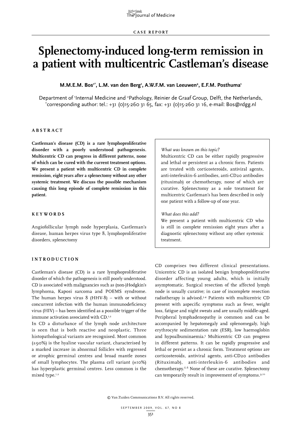 Splenectomy-Induced Long-Term Remission in a Patient with Multicentric Castleman’S Disease