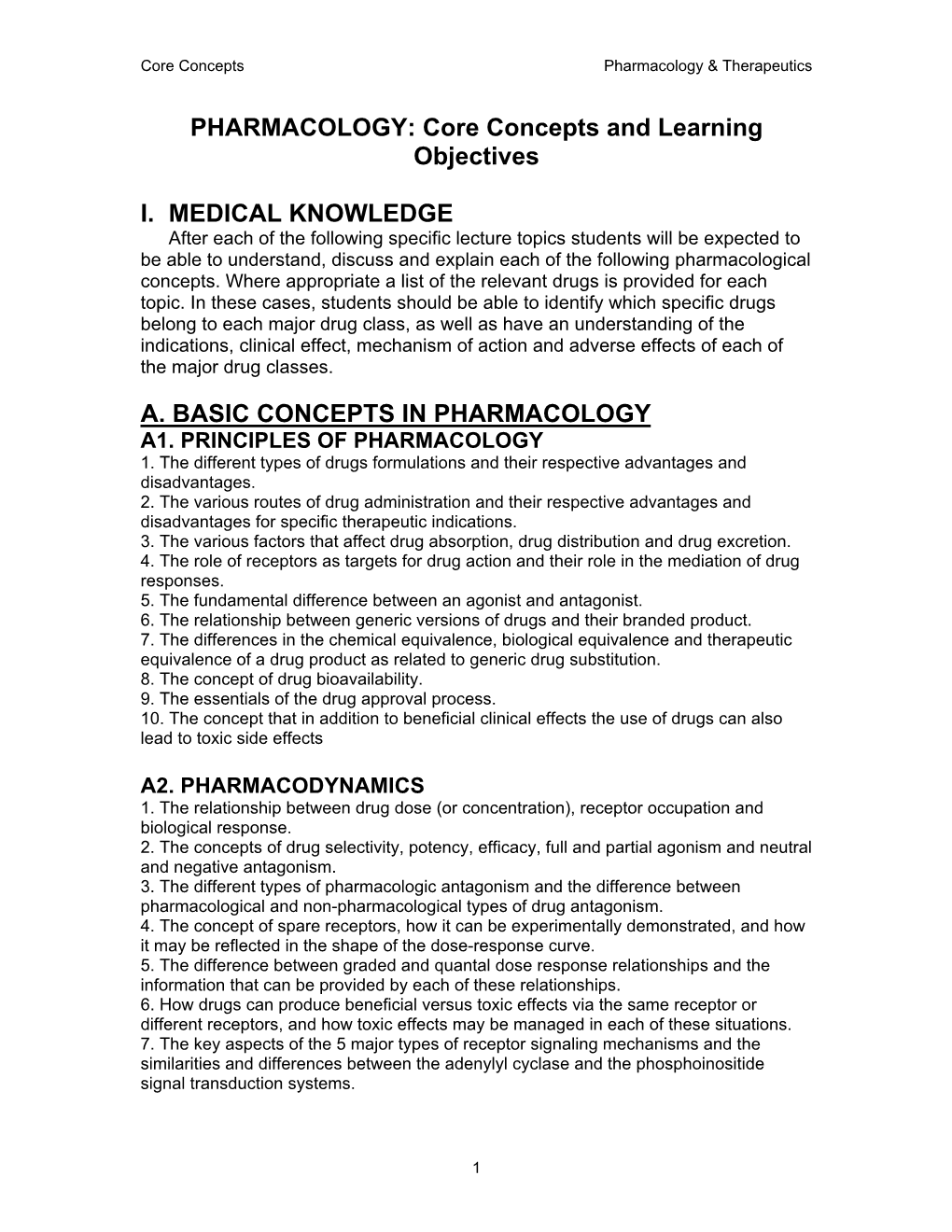 PHARMACOLOGY: Core Concepts and Learning Objectives