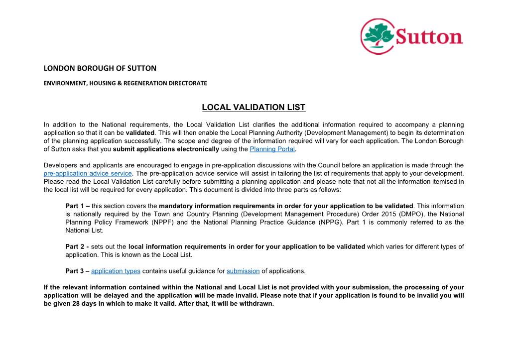London Borough of Sutton Local Validation List