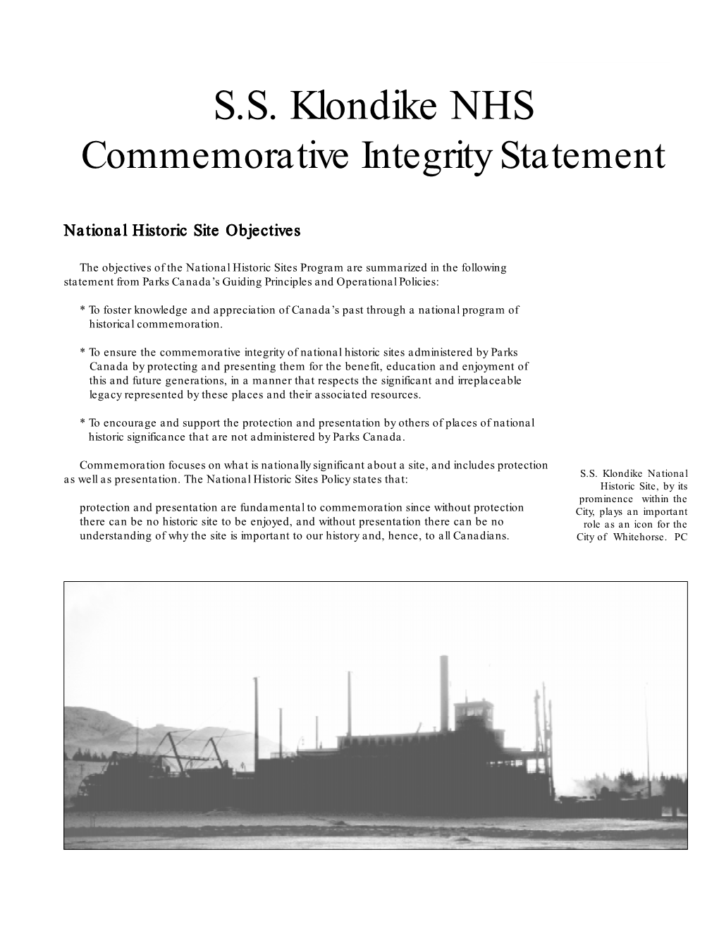 S.S. Klondike Commemorative Integrity Statement