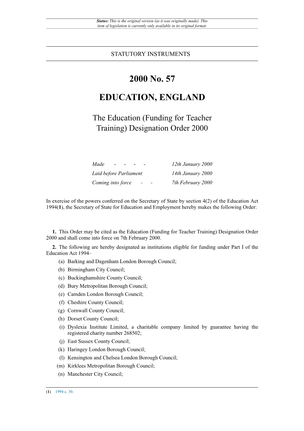 The Education (Funding for Teacher Training) Designation Order 2000