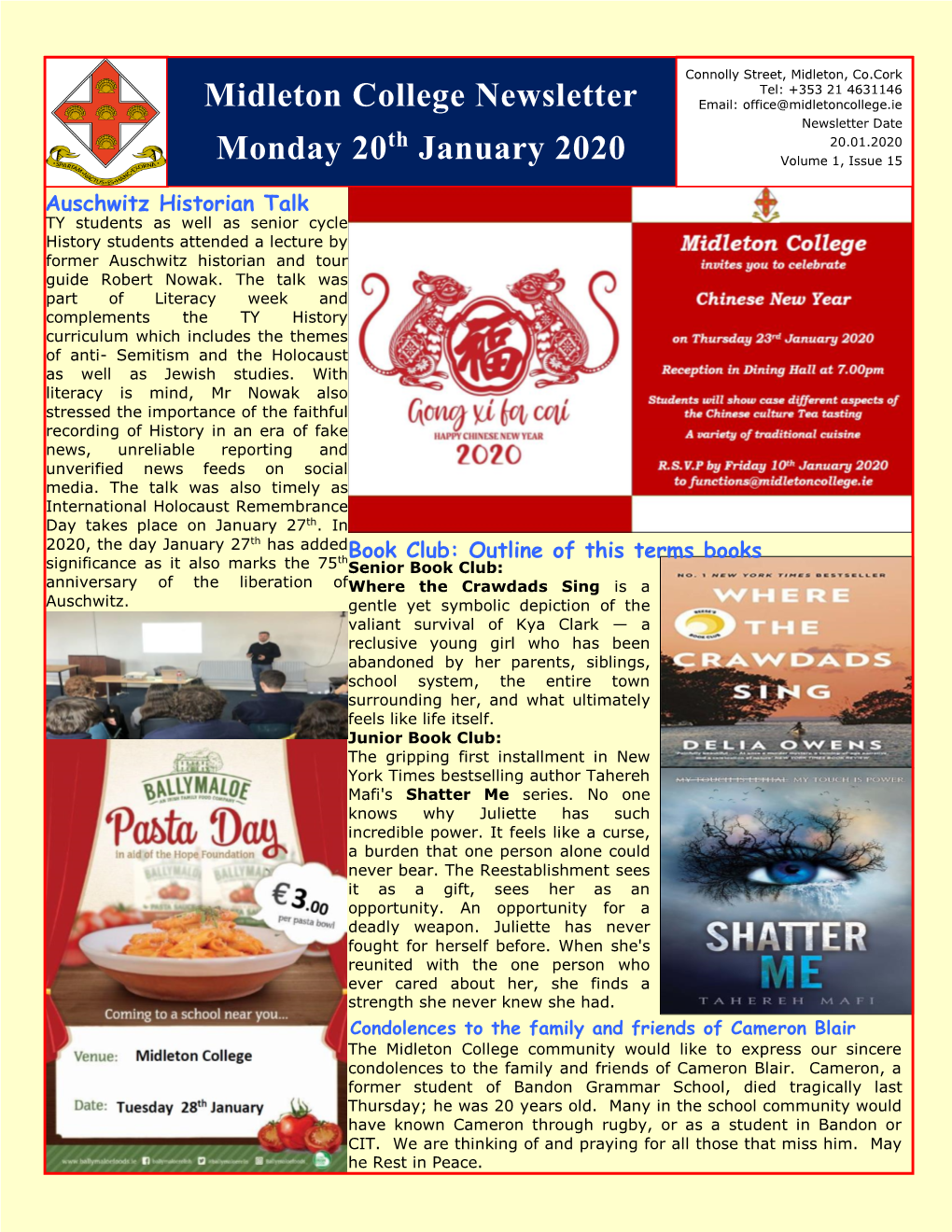 Midleton College Newsletter Monday 20 January 2020