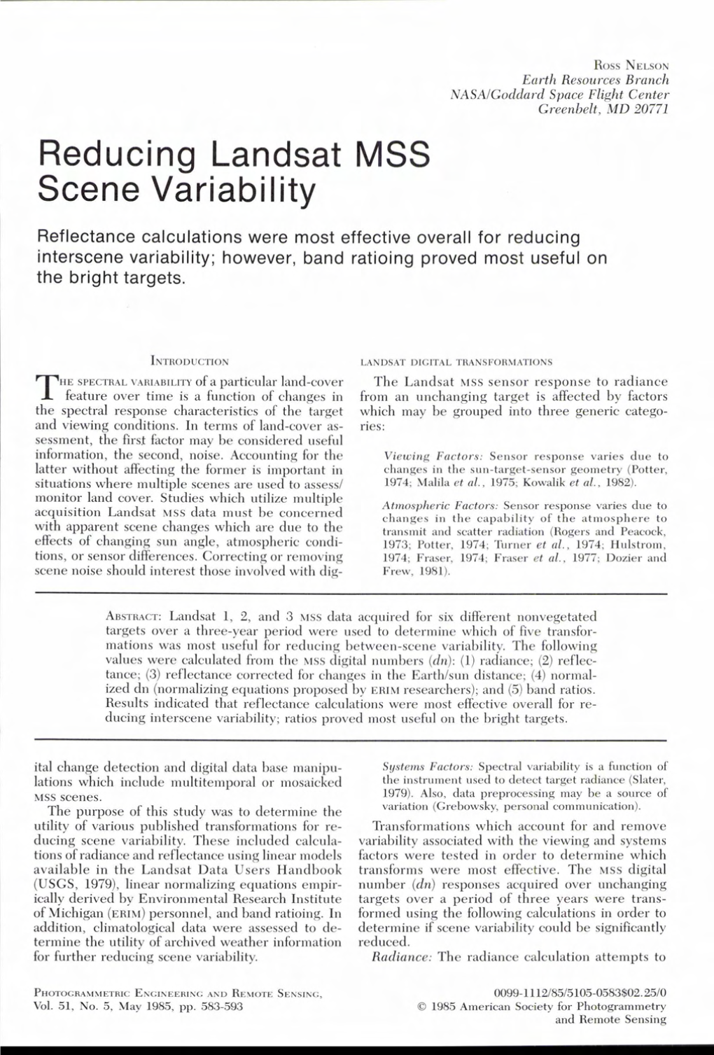 Reducing Landsat MSS Scene Variability