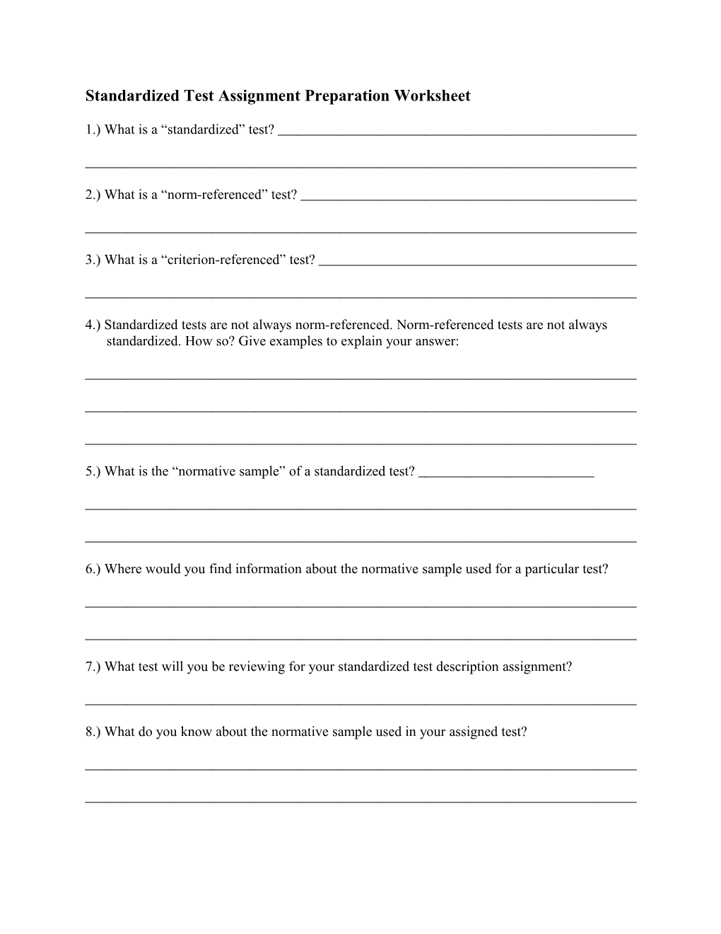 Standardized Test Assignment Preparation Worksheet