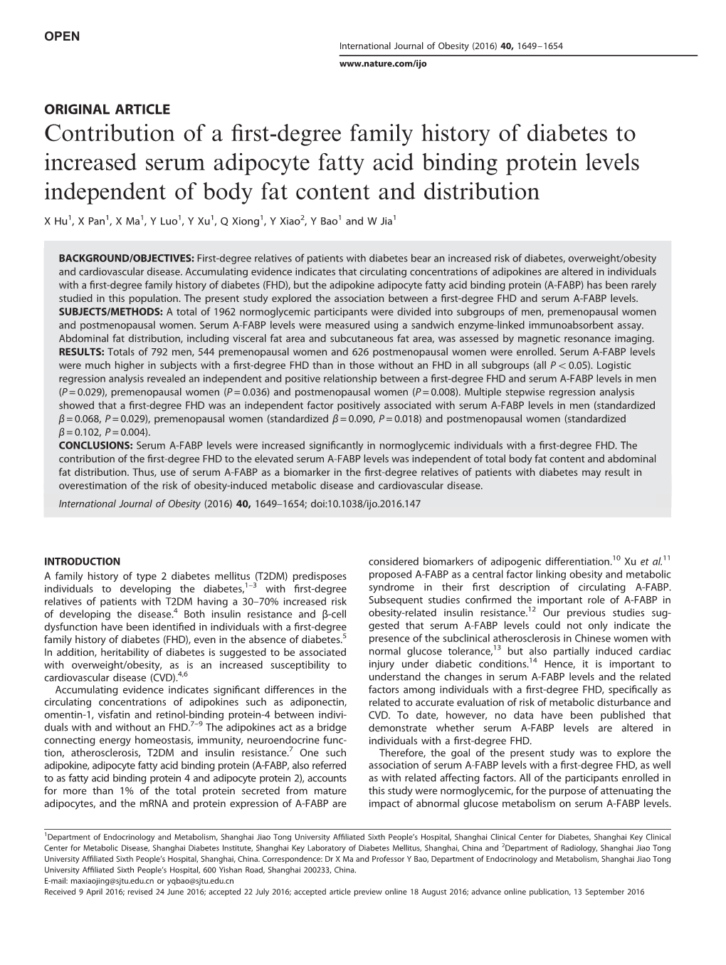 Contribution of a First-Degree Family History of Diabetes to Increased Serum Adipocyte Fatty Acid Binding Protein Levels Indepen