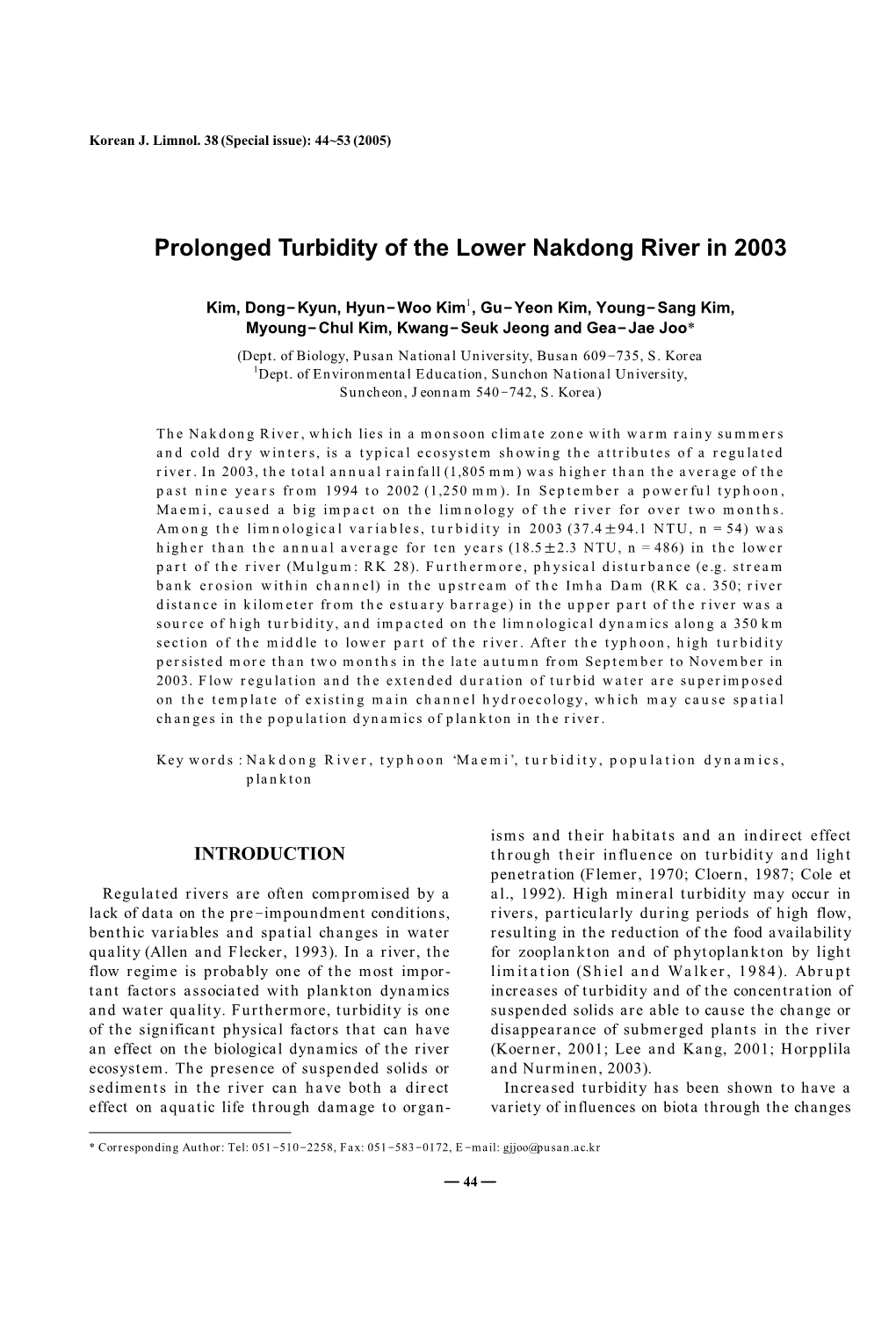 Prolonged Turbidity of the Lower Nakdong River in 2003
