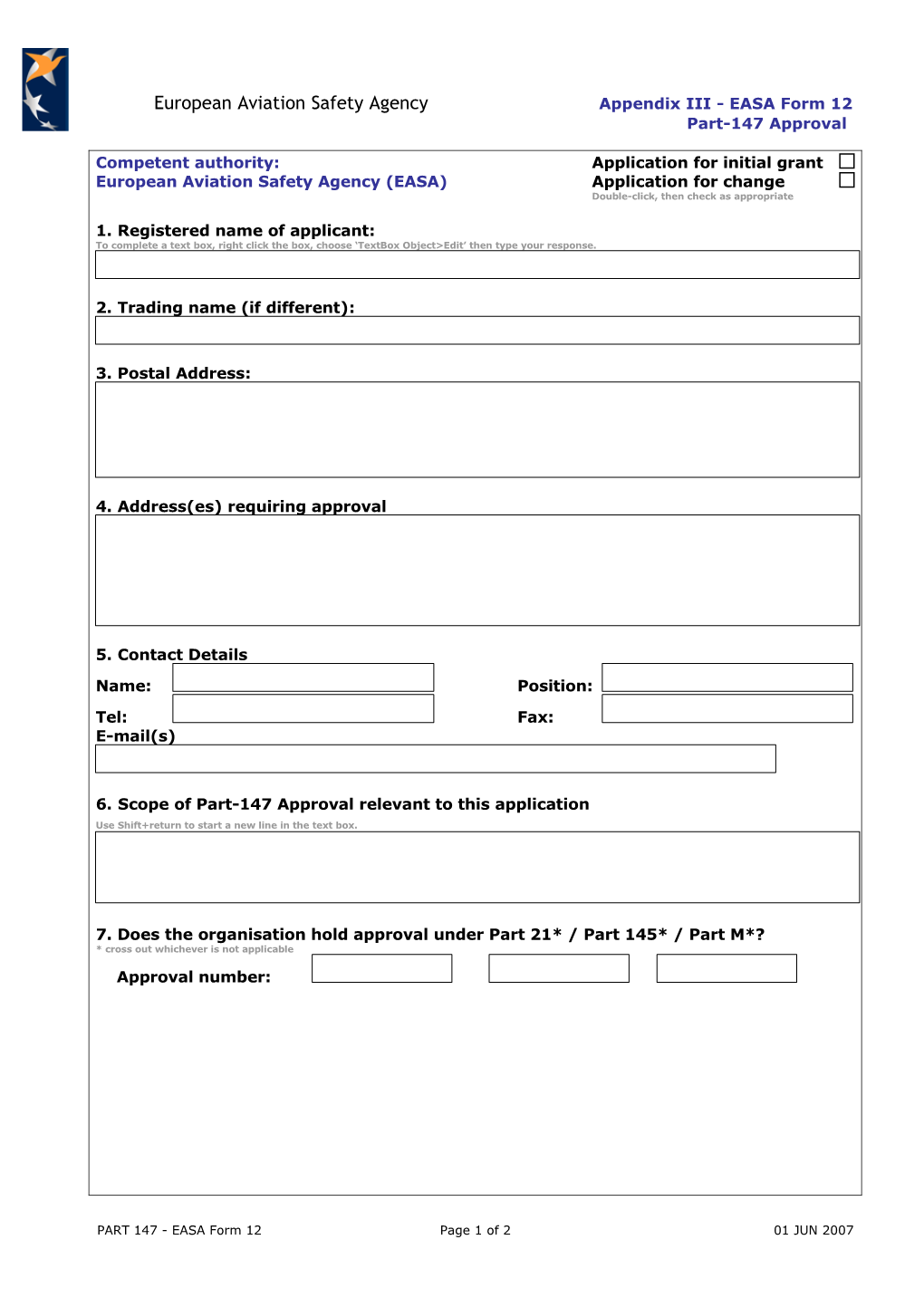 European Aviation Safety Agency Appendix III - EASA Form 12Part-147 Approval