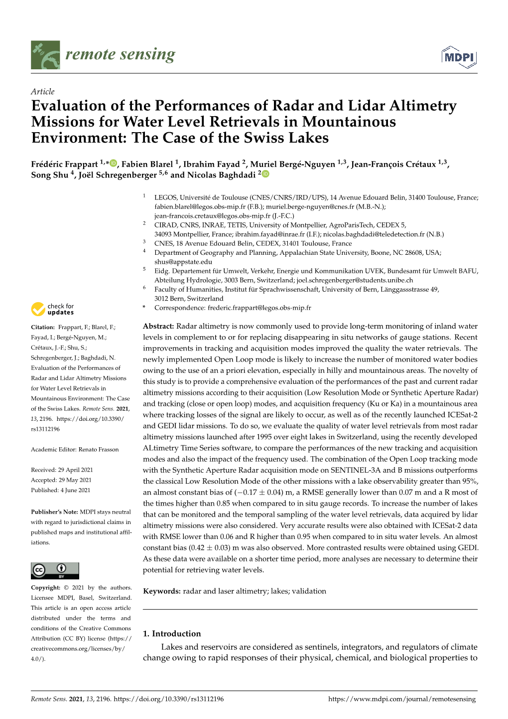 Evaluation of the Performances of Radar and Lidar Altimetry Missions for Water Level Retrievals in Mountainous Environment: the Case of the Swiss Lakes