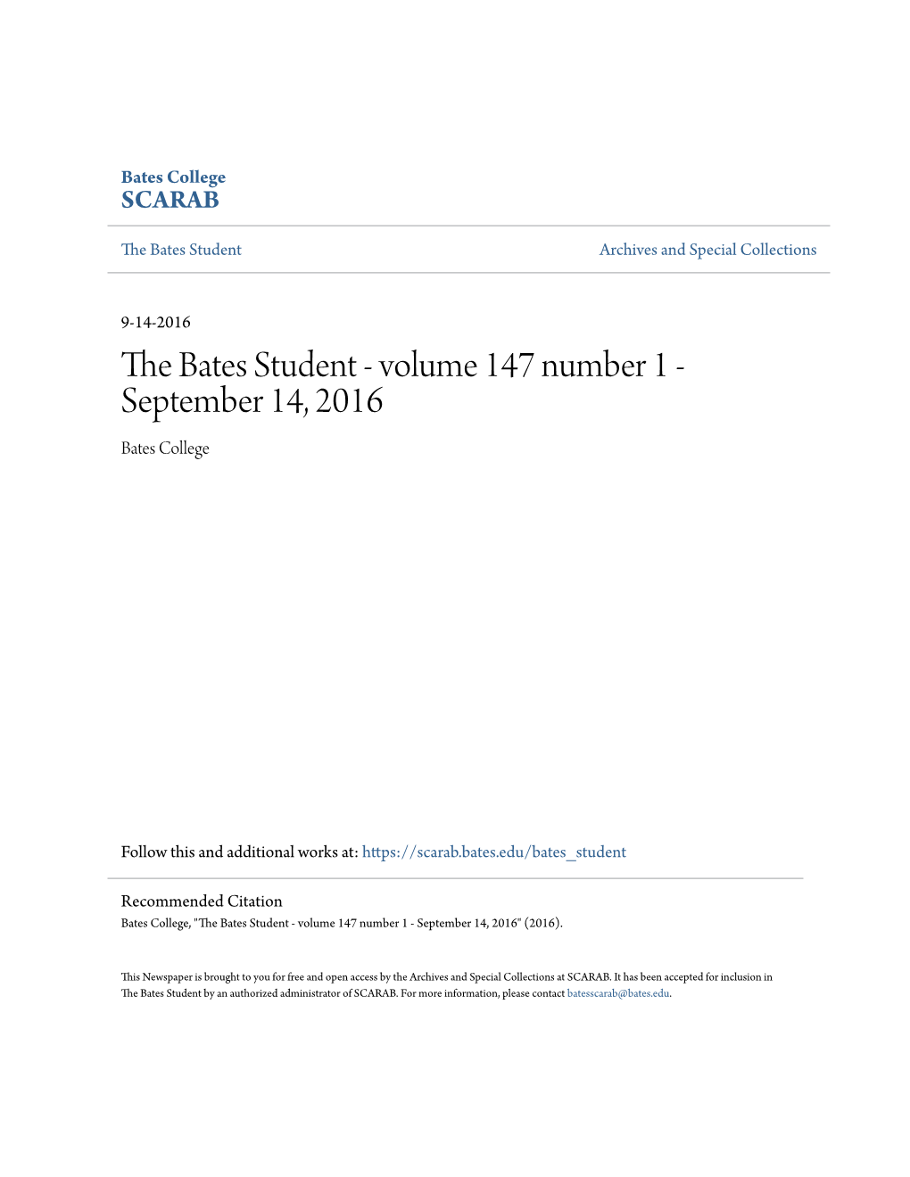 The Bates Student the VOICE of BATES COLLEGE SINCE 1873