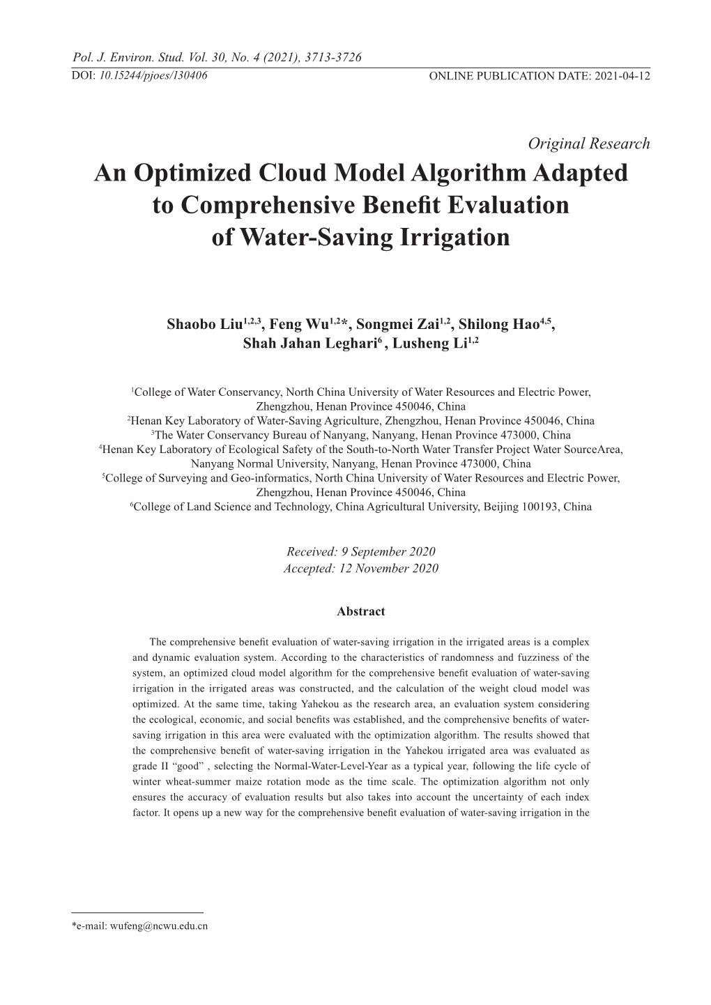 An Optimized Cloud Model Algorithm Adapted to Comprehensive Benefit Evaluation of Water-Saving Irrigation