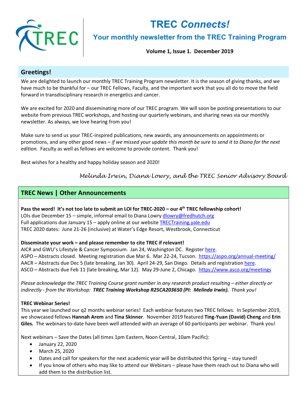 TREC Connects! Your Monthly Newsletter from the TREC Training Program