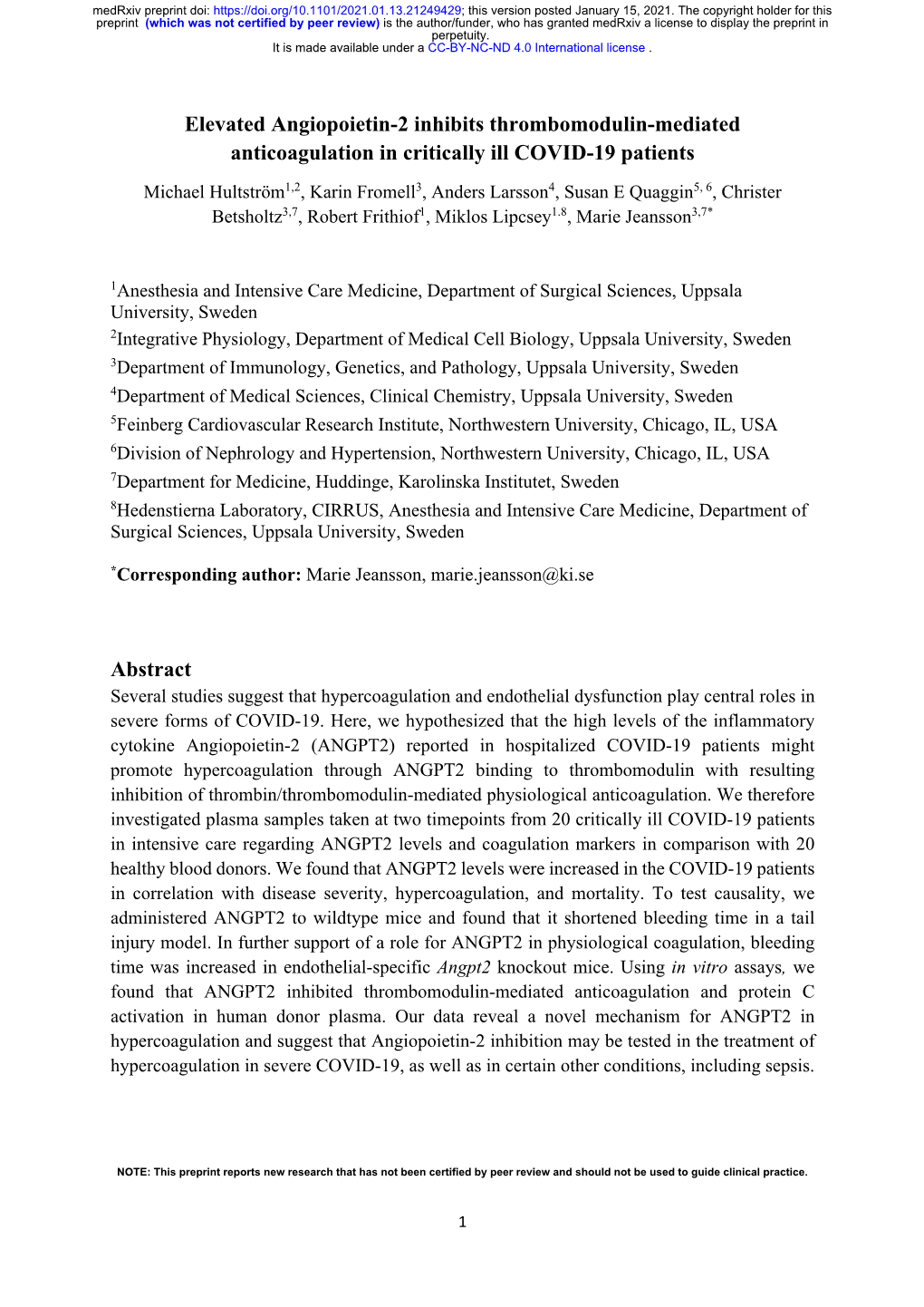 Elevated Angiopoietin-2 Inhibits Thrombomodulin-Mediated Anticoagulation in Critically Ill COVID-19 Patients