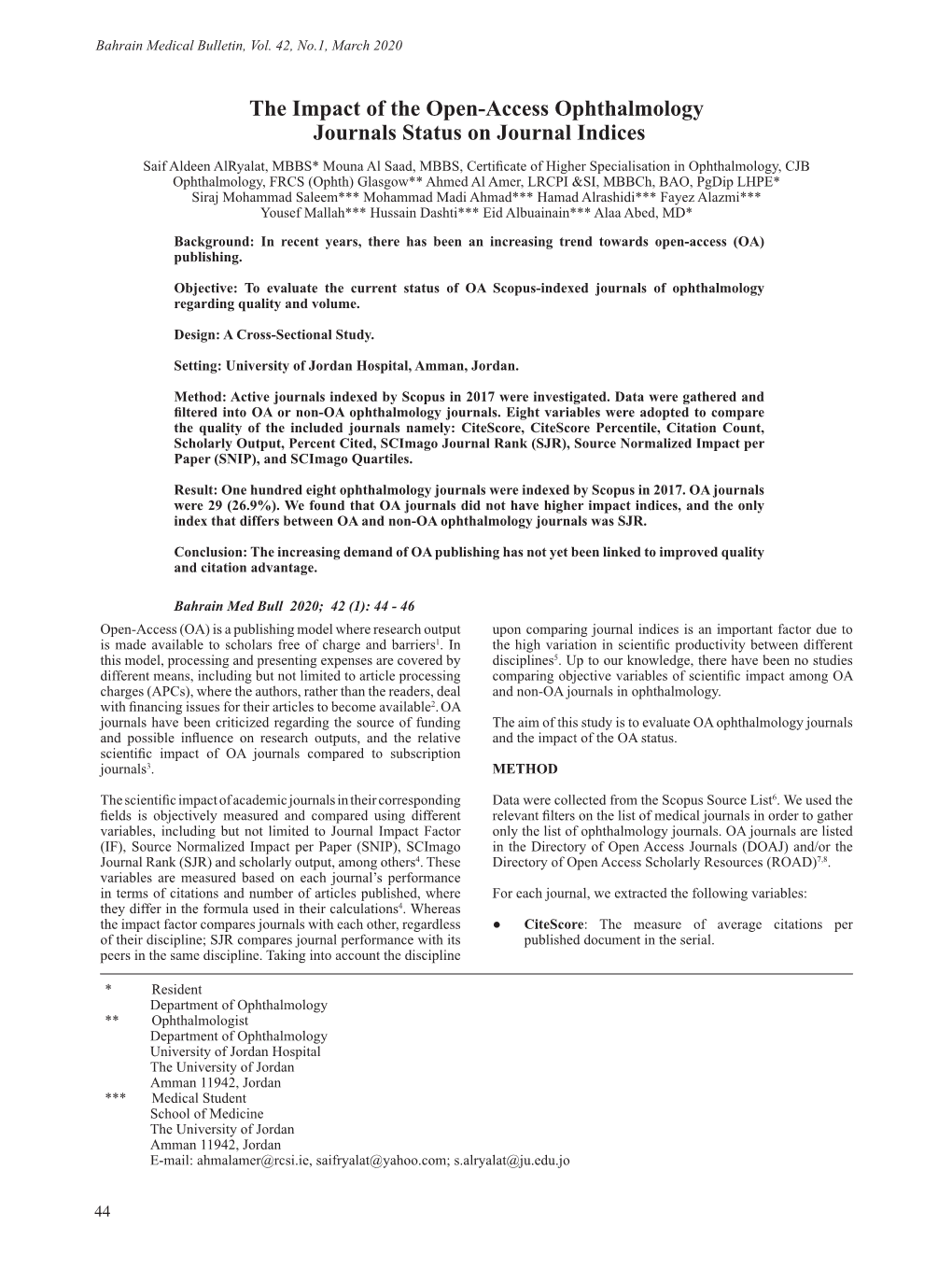 The Impact of the Open-Access Ophthalmology Journals Status On