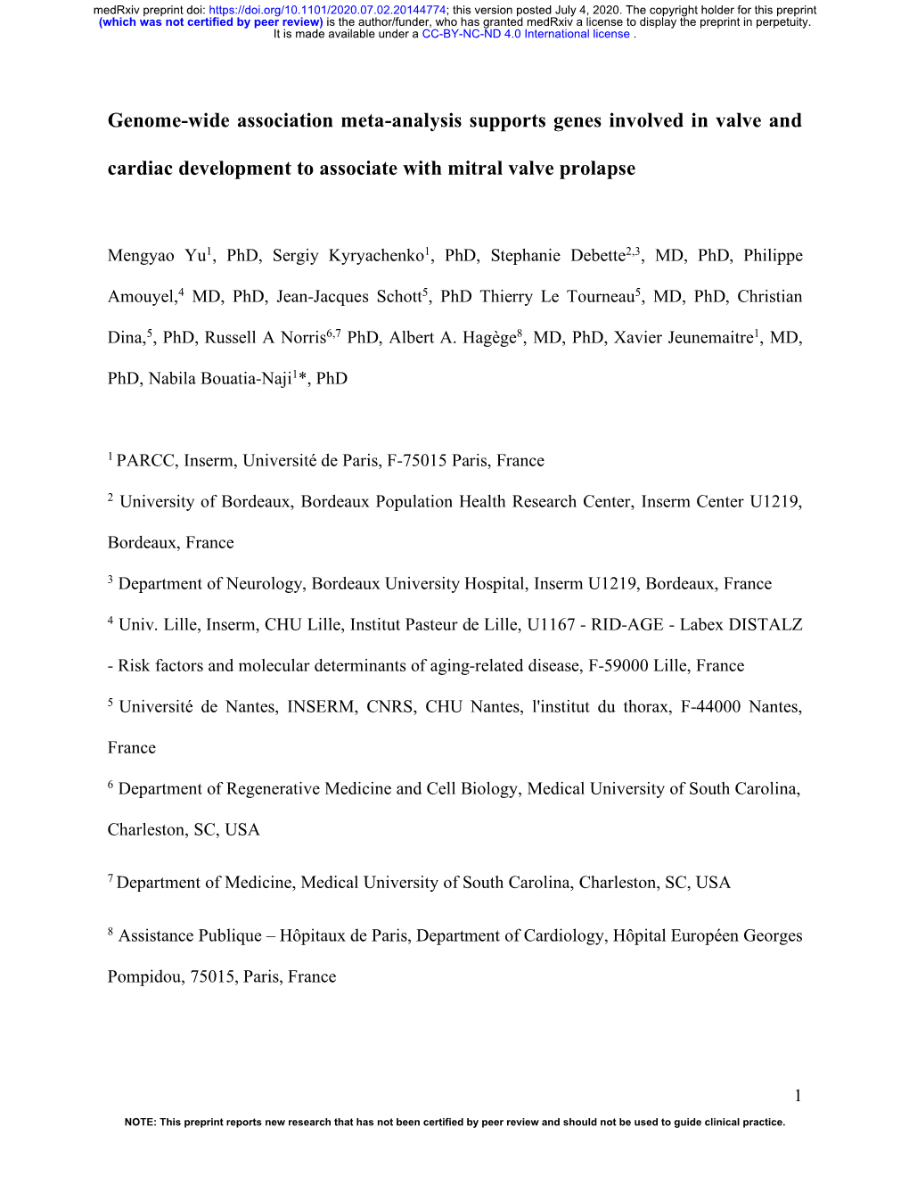 Genome-Wide Association Meta-Analysis Supports Genes Involved in Valve And