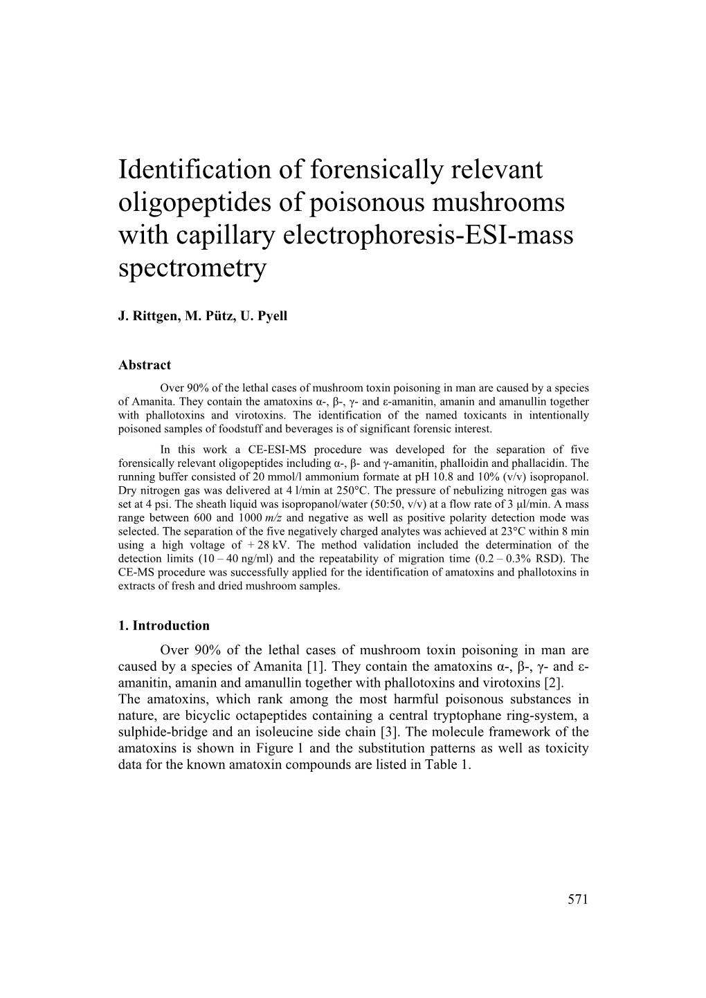 Identification of Forensically Relevant Oligopeptides of Poisonous Mushrooms with Capillary Electrophoresis-ESI-Mass Spectrometry