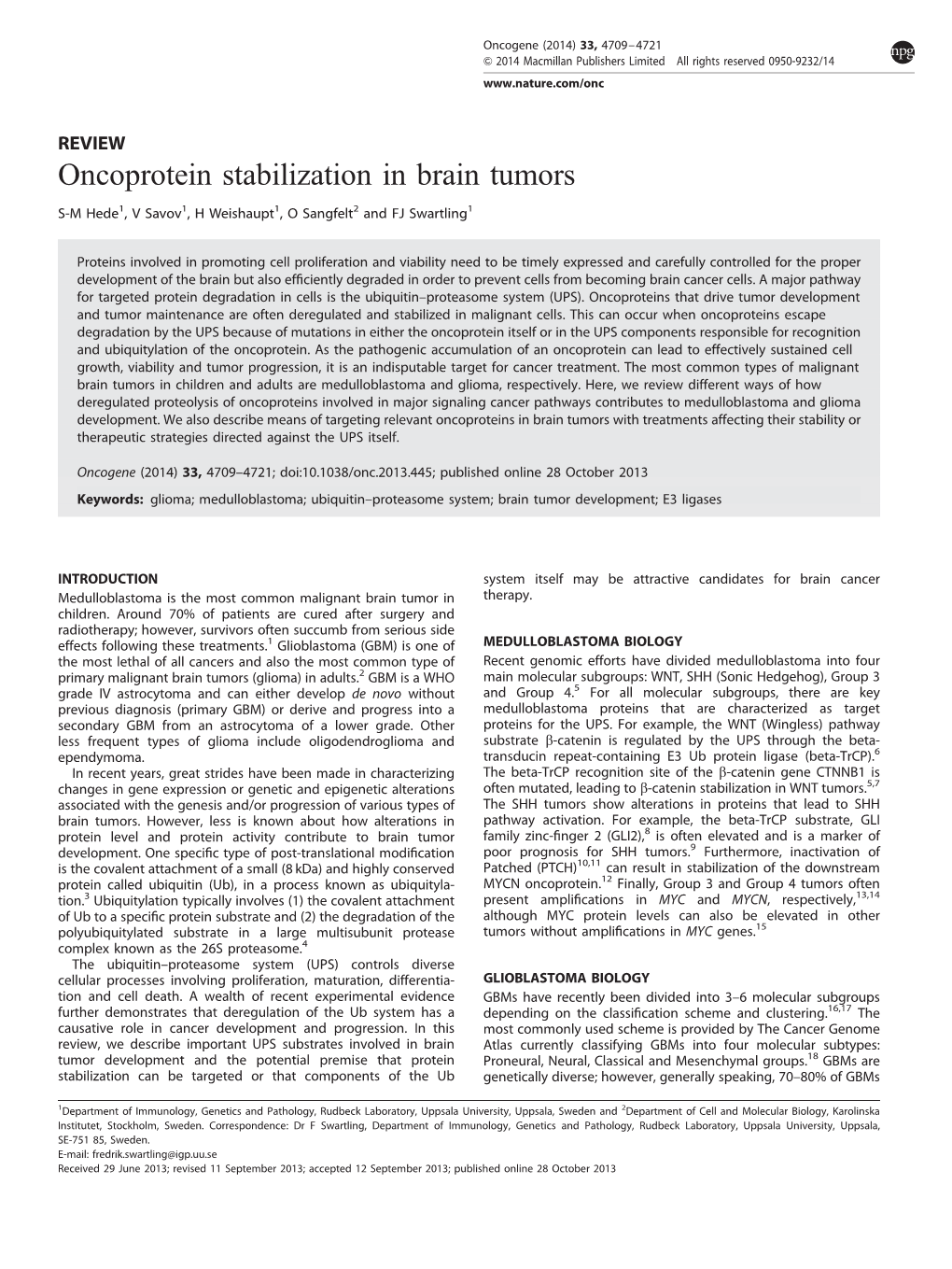 Oncoprotein Stabilization in Brain Tumors