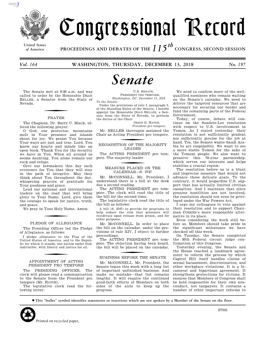 Congressional Record United States Th of America PROCEEDINGS and DEBATES of the 115 CONGRESS, SECOND SESSION