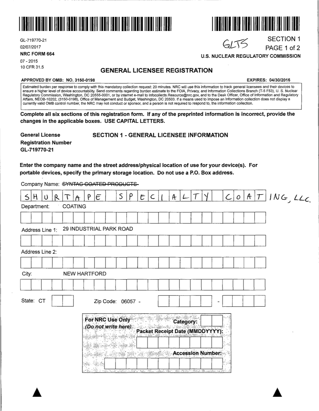 GL Registration from Shurtape Specialty Coating, LLC